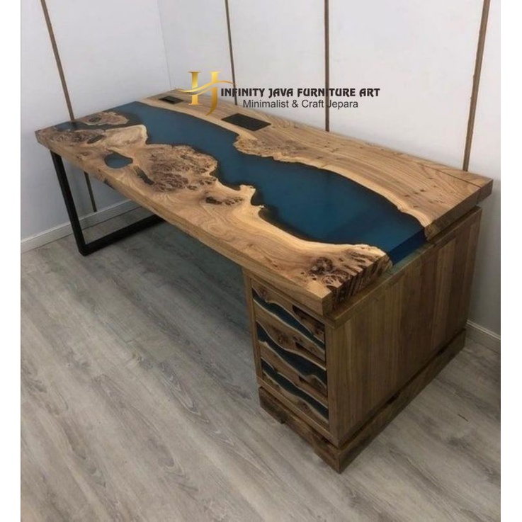 MEJA KANTOR JATI UNIK MEJA KERJA  MINIMALIS MOTIF RESIN EXPORT QUALITY