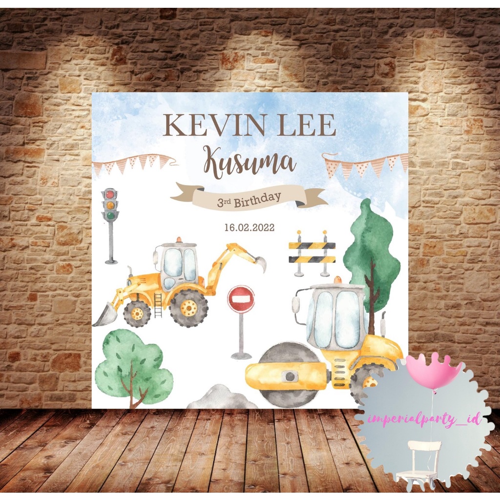Custom Backdrop Banner Spanduk Happy Birthday Construction Watercolor