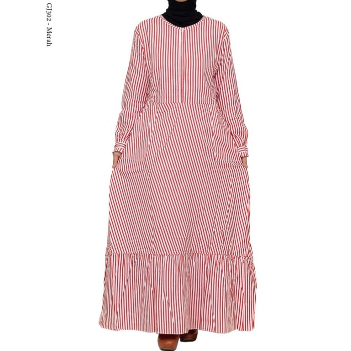 Gamis muslim Wanita Ukuran Jumbo XXL katun Jepang Motif Salur - Merah