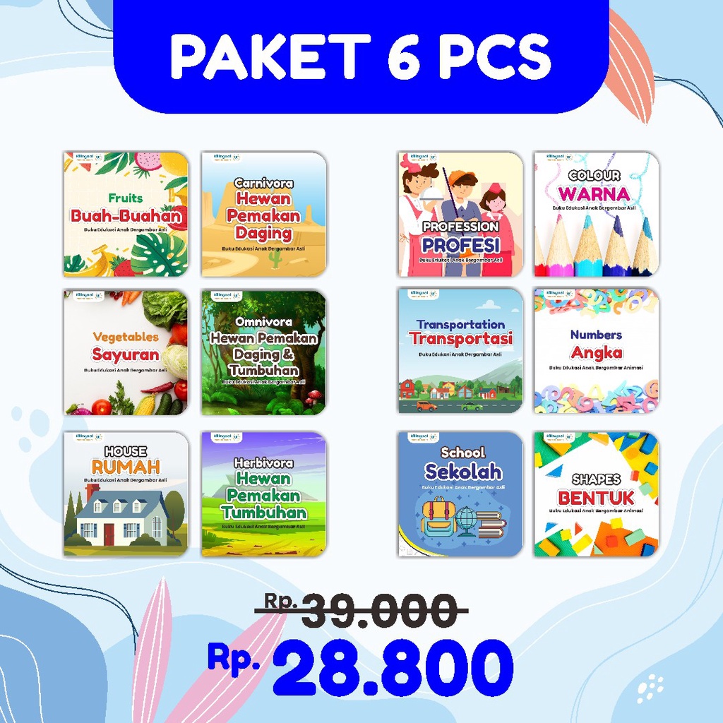 PAKET 6 PCS BUKU MINI BOOK PENGENALAN PENGETAHUAN BILINGUAL ANIMASI EDUKASI ANAK BAYI PAUD