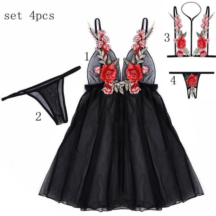 d1976 Baju Lingerie Sexy Wanita Dress Haram 4 Pcs Lingery All Size M L XL 2XL OFL-F315A-4