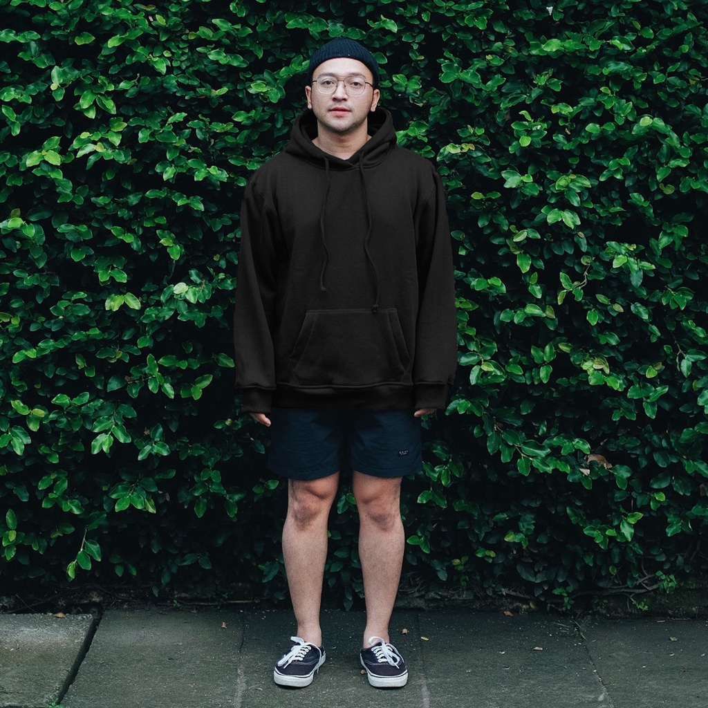 JipClo Jaket Hoodie Polos Pullover Unisex Pria Wanita Hitam Fleece