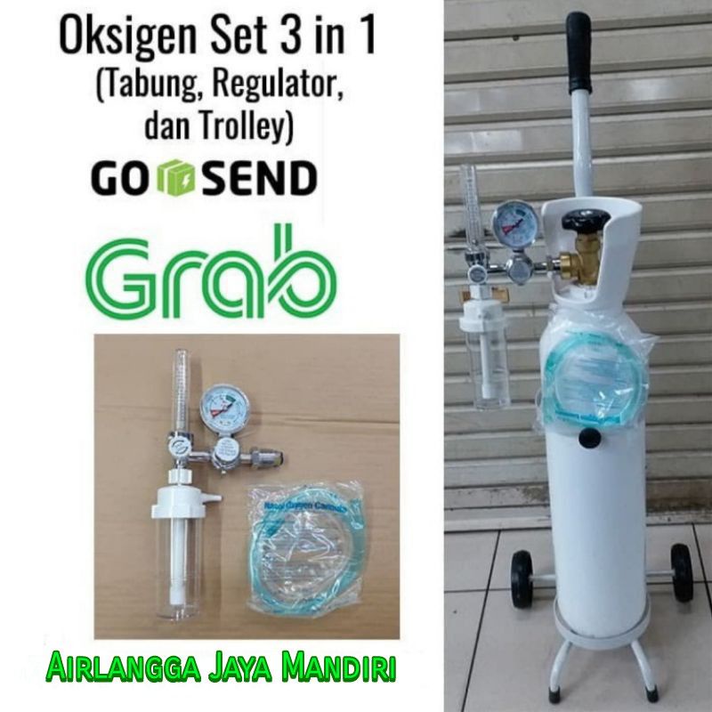 Tabung oksigen 1m3 Isi Oksigen + Regulator Pernafasan + Trolly