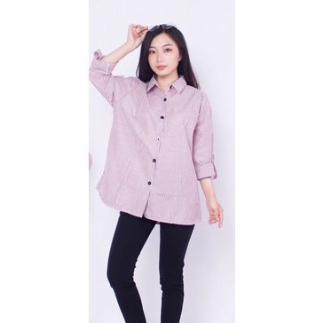 Kemeja Wanita Basic Trendy Lengan Panjang Salur Premium/ Atasan Wanita-Maroon