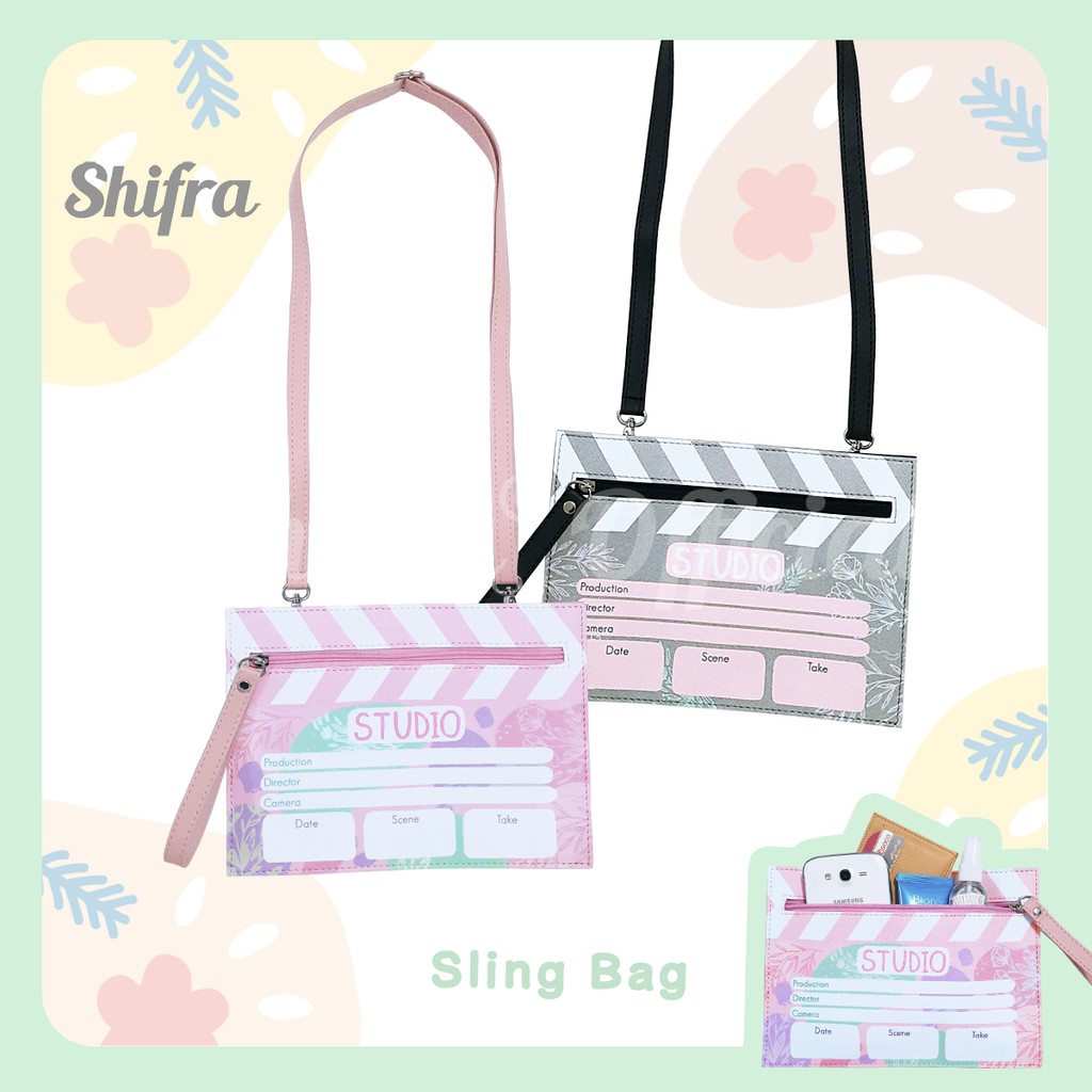 Shifra Tas Selempang Kotak Motif Studio Film Gray Pink