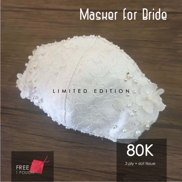Masker Kain Brokat Putih / Hitam / Silve Premium untuk Pengantin / Bride