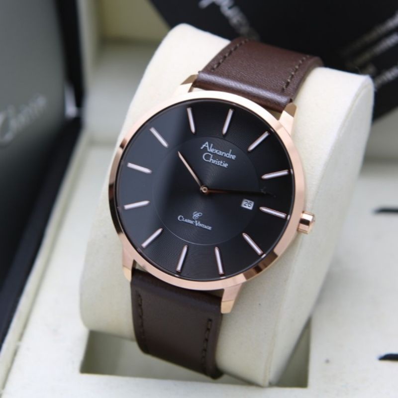 JAM TANGAN PRIA ALEXANDRE CHRISTIE AC 8653 ROSEGOLD BLACK BROWN ORIGINAL