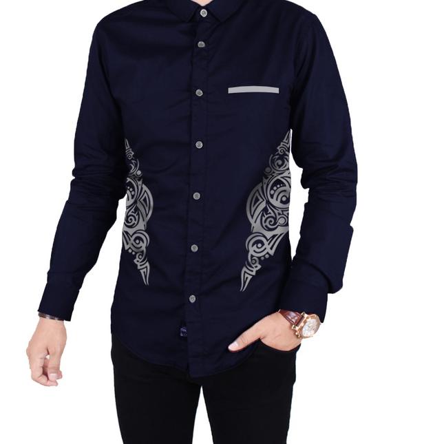 Bagus Dipakai.. Kemeja Pria Keren Lengan Panjang Kombinasi Motif Batik dan Polos PTR