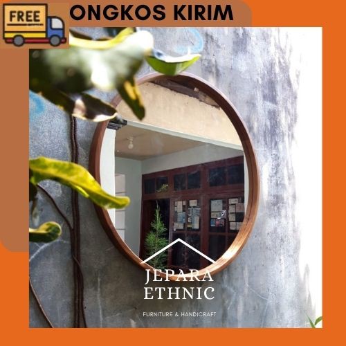Cermin Bulat Frame Kayu Jati Solid Untuk Dinding Kamar Mandi Diamaeter 50 60 80 100 cm Warna Melamin