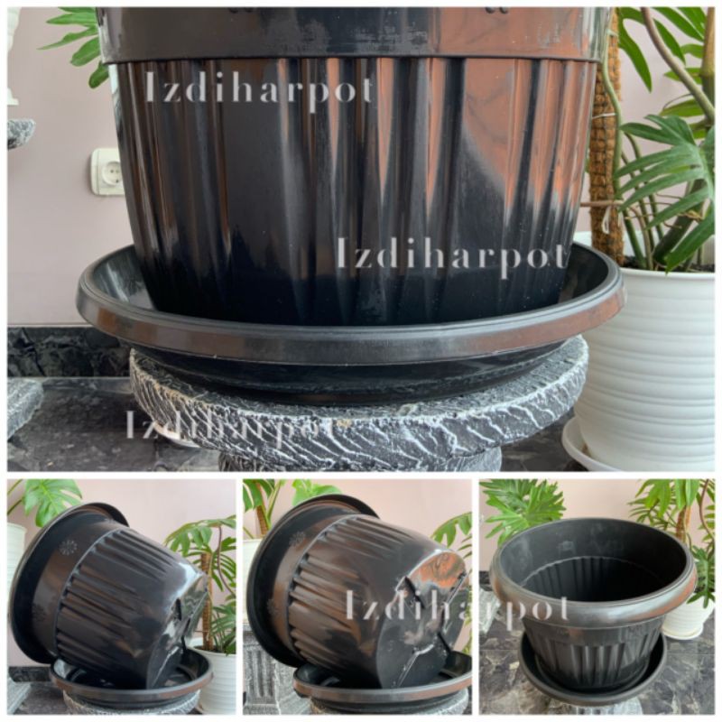 Pot bunga tanaman plastik hitam Grace 40cm kuping + tatakan bawah