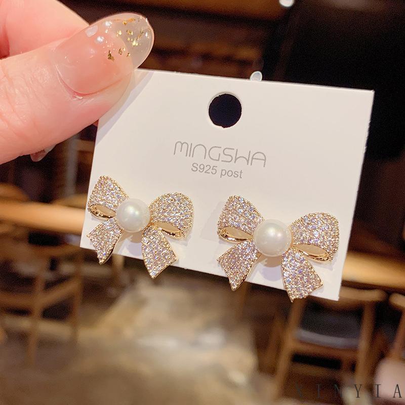 Xia.id Anting Tusuk Gantung Desain Pita Hias Mutiara Gaya Trendy / Simple Untuk Wanita