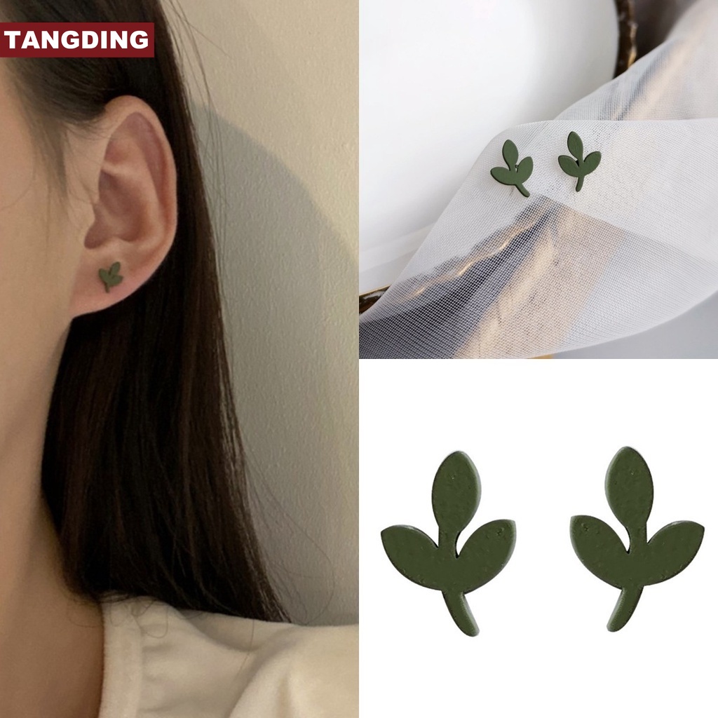 Anting Bentuk Daun Warna Hijau Gaya Korea Untuk Musim Panas