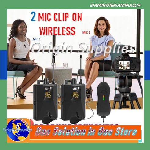Microphone Mic Clip On Wireless Dual UHF 40 - 45 Meter Smartphone HP