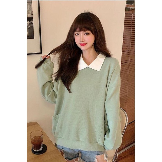 Lutest Oversize Sweater Kerah Wanita Bahan Fleece Korean style