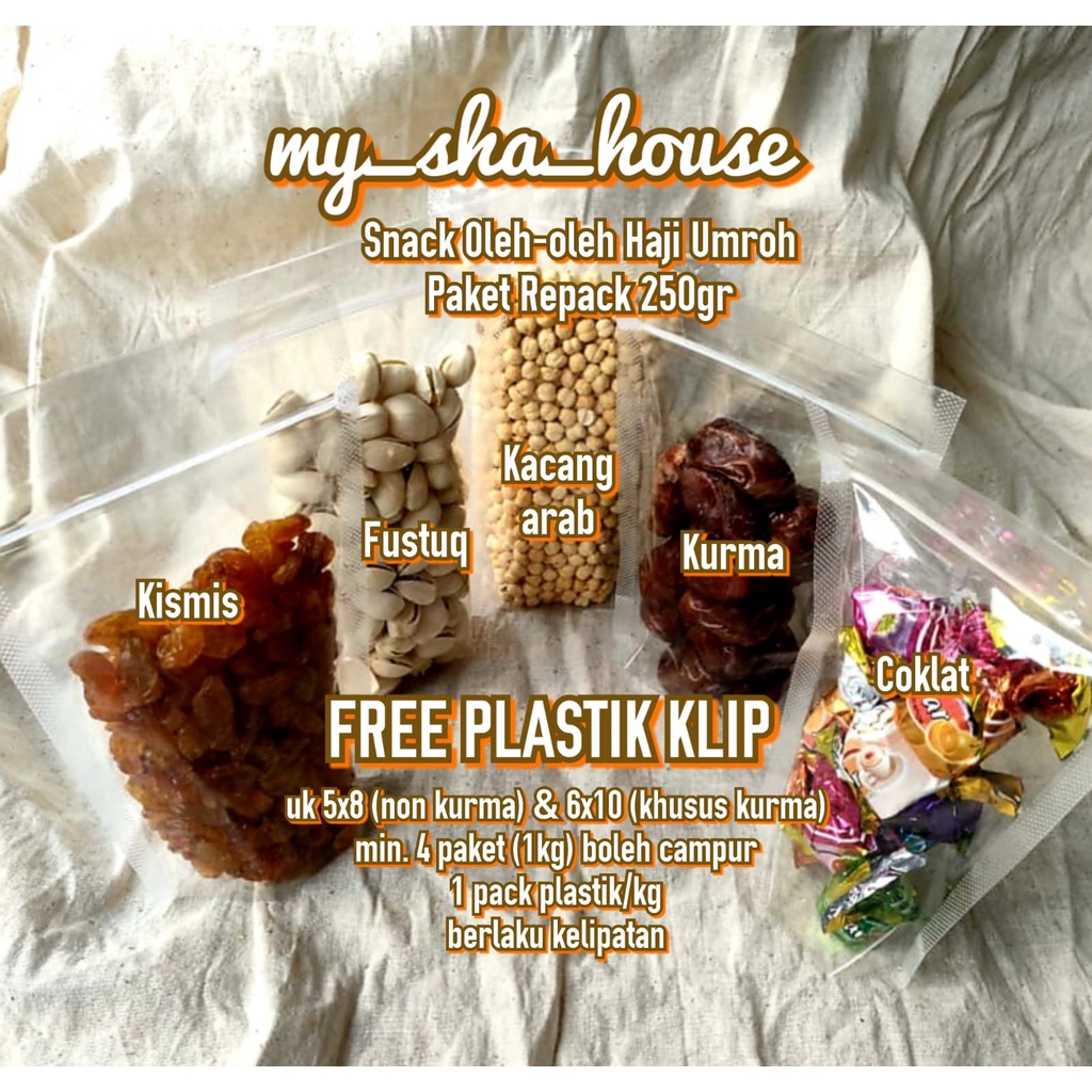 

Paket oleh2 Haji Umroh Kemasan 250gr FREE UCAPAN / PLASTIK KURMA, KACANG ARAB, FUSTUQ/PISTACHIO, KISMIS, COKLAT