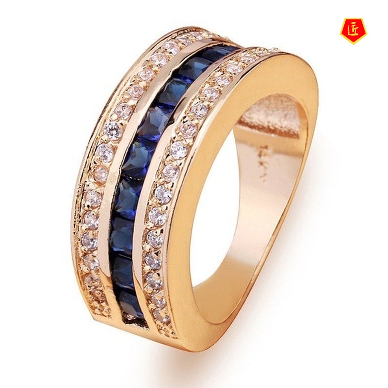 [Ready Stock]Full Diamond Sapphire Square Diamond Ring 18K Gold Flash Diamond