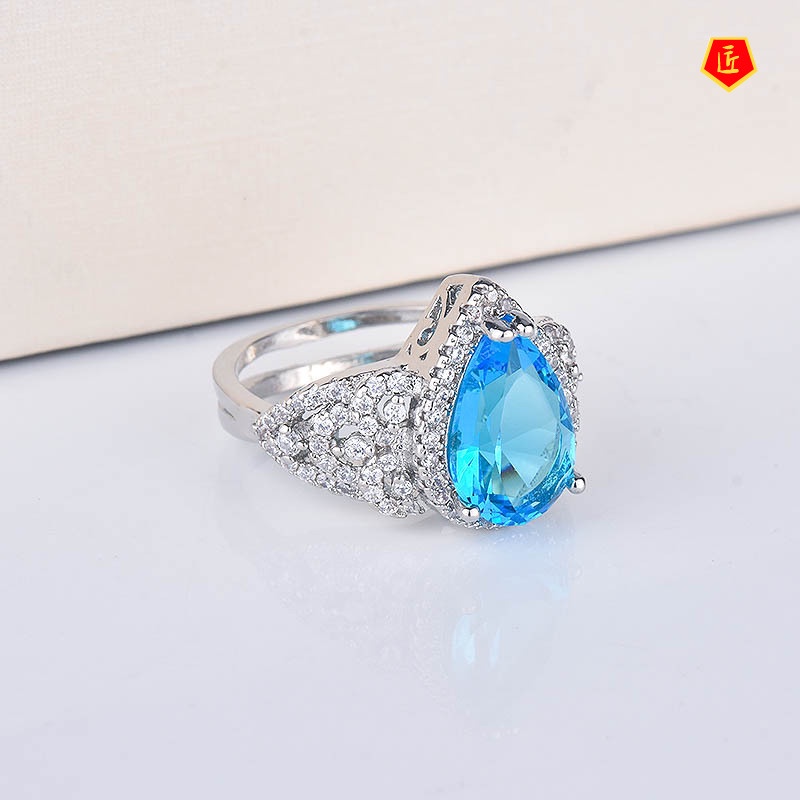 [Ready Stock]Micro-Inlaid Diamond Blue Gem Ring