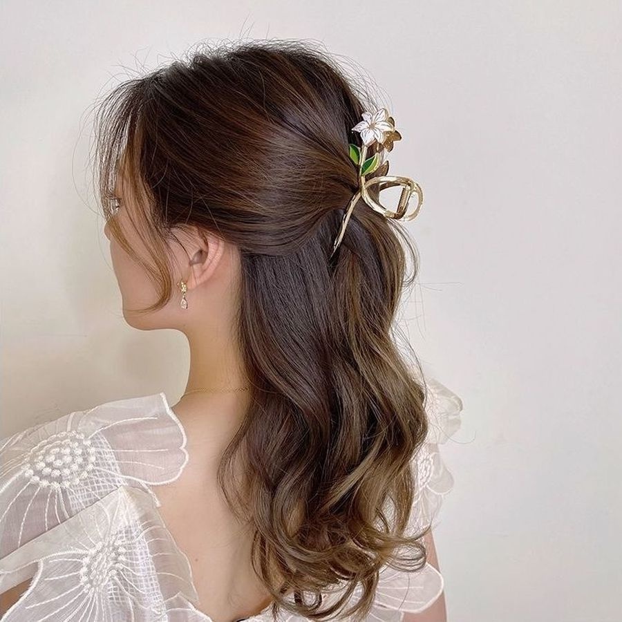 Korea Alloy Emas Bunga Mutiara Rambut Klip Besar Ponytail Clip Woman Fashion Hair Claw Aksesoris Rambut