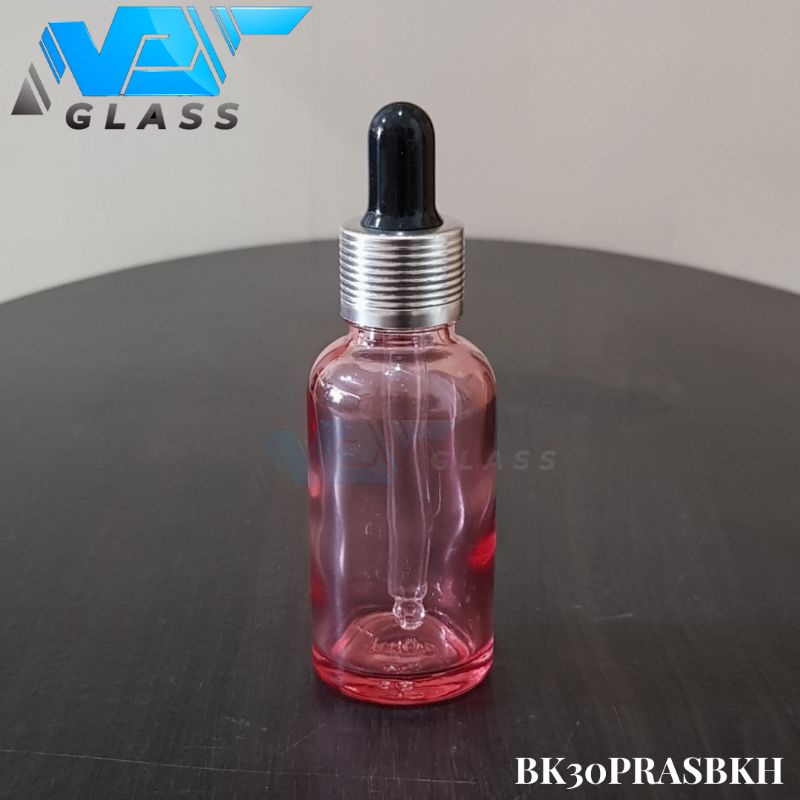 botol kaca pipet 30ml tebal pink bening - ring almunium silver bergaris