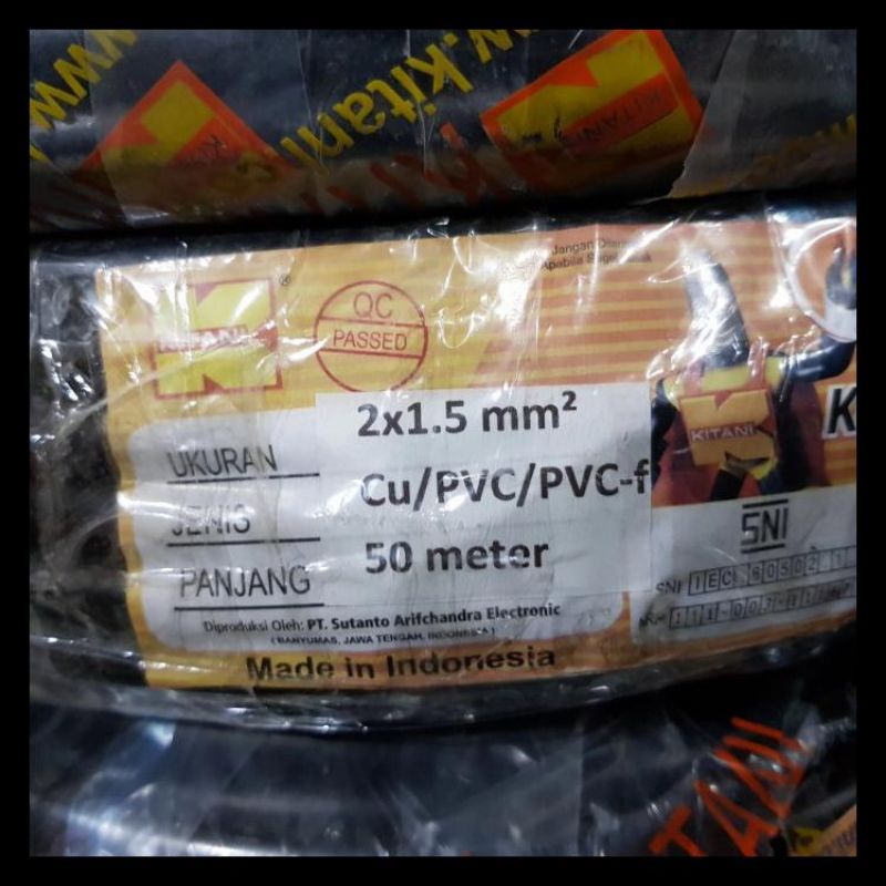 KABEL SERABUT HITAM KITANI 2X1.5MM 50M NYMHY TEMBAGA MURNI