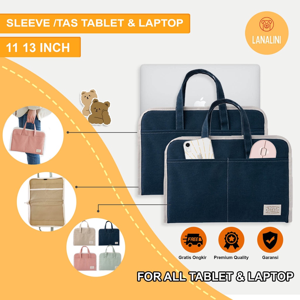 Sleeve Pouch Sarung Tas Bag Case Ipad Tab Tablet Macbook Air Pro Laptop Asus Acer Lenovo HP Huawei 11 12 13 14 15 inch Motif Polos Warna Biru Navy Pink Green Hijau Khaki Cute Murah Korean Model Kanvas Tali Jinjing Canvas Waterproof Air Slot Stationary