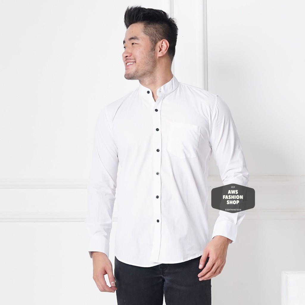 Kemeja Polos Pria Lengan Panjang Kerah Shanghai Kancing 1 Putih Banyak Warna Casual Slimfit 3340