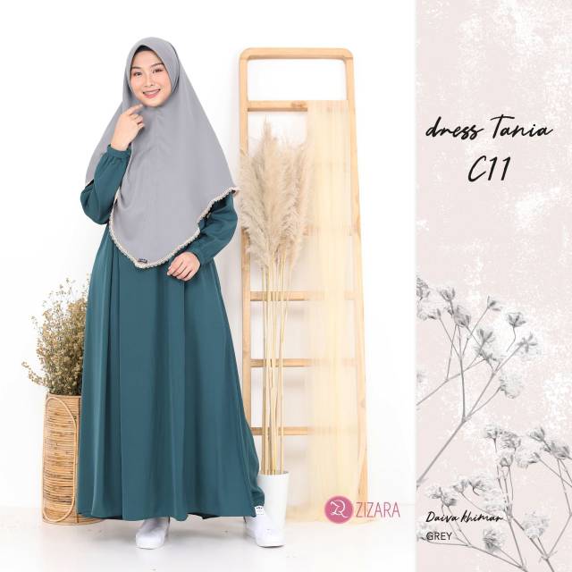 Gamis Tania Dress Zizara Kode C11 Warna Hijau Tosca Gelap Pine Busui Syari Cantik Basic Dress Polos