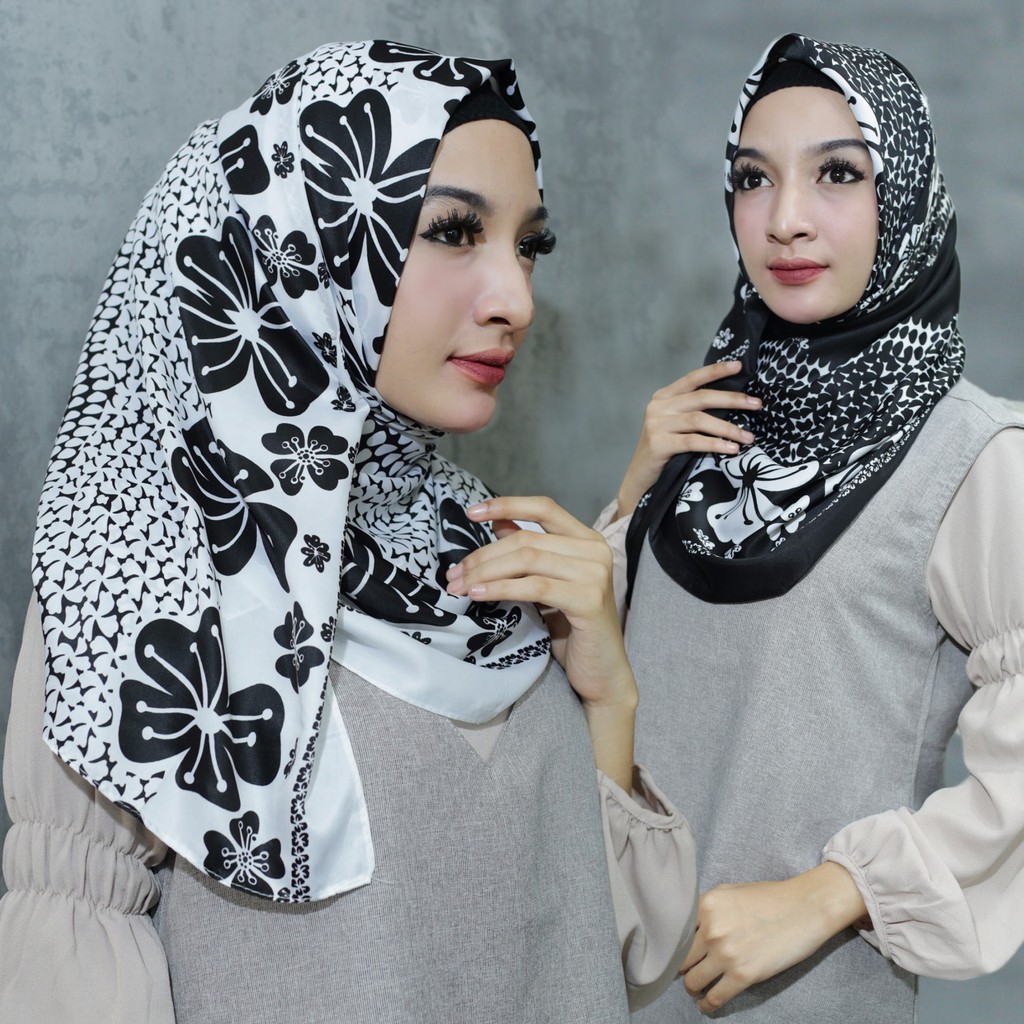 MOBASA OFFICIAL HIJAB PASHMINA SATIN PRINTING MOTIF / Kerudung pashmina  [Hibicus Flower]