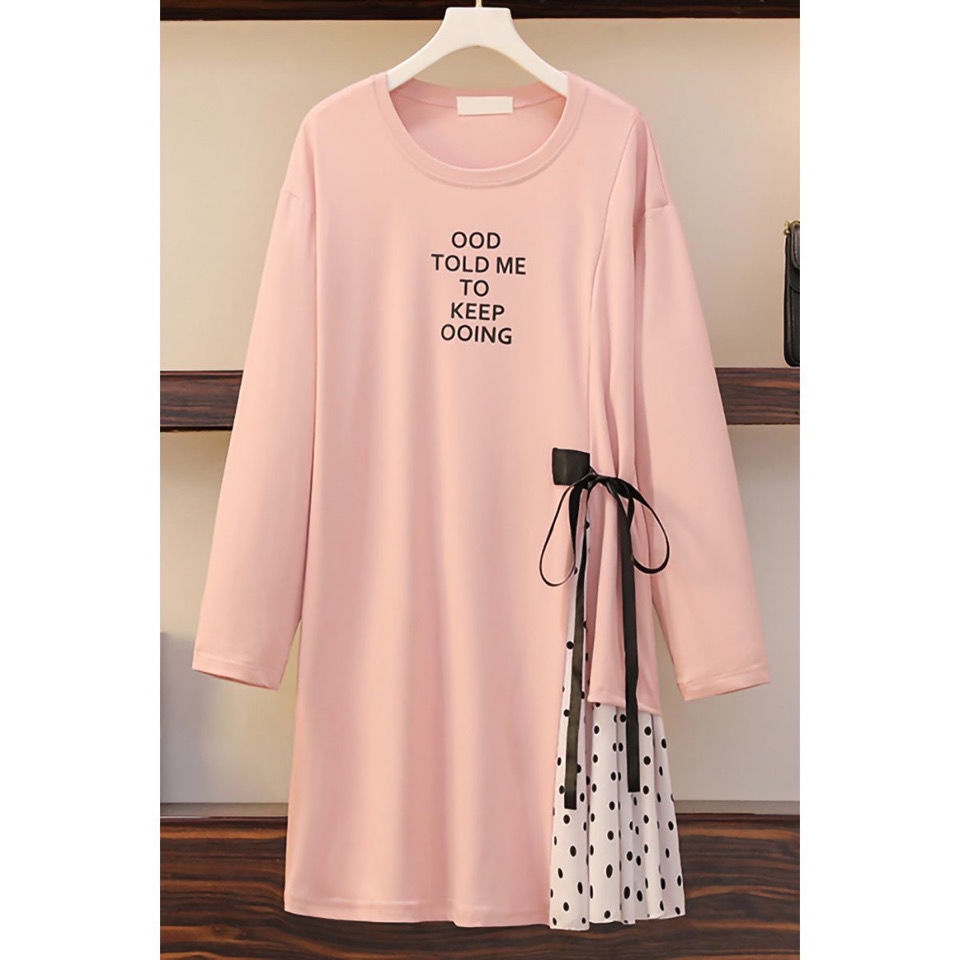 Large size women's clothing 2021 spring and autumn stitching polka dot long-sleeved bottoming shirt fashion top fat mm 200 catties dress