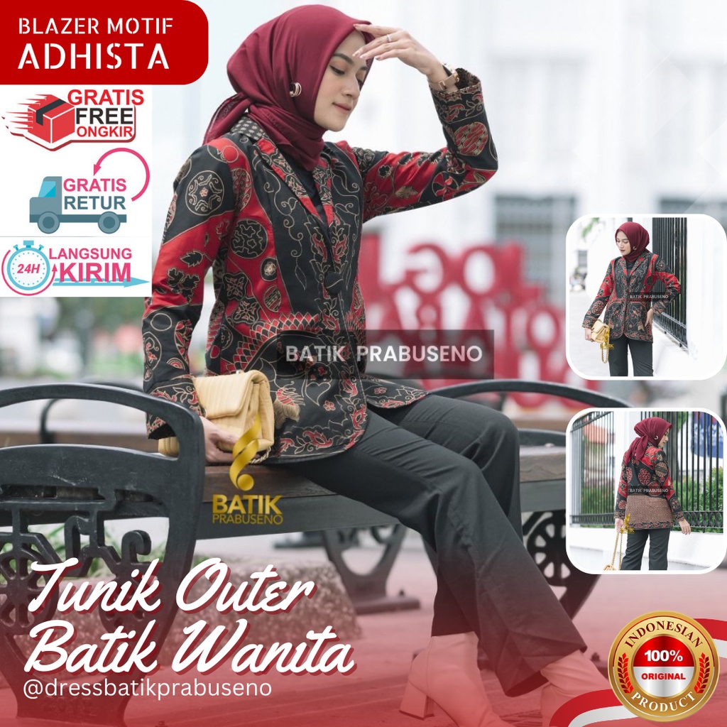 Atasan Blazer Batik Wanita Lengan Panjang Modern Model Baju Terbaru Motif ADHISTA Original Prabuseno Katun Premium Furing Pakaian Modis Kemeja Formal Kerja Kantor Dewasa Hijab Casual Elegan Etnik Eksklusif Kekinian Jawa Timur Tengah Barat Sulawesi Selatan
