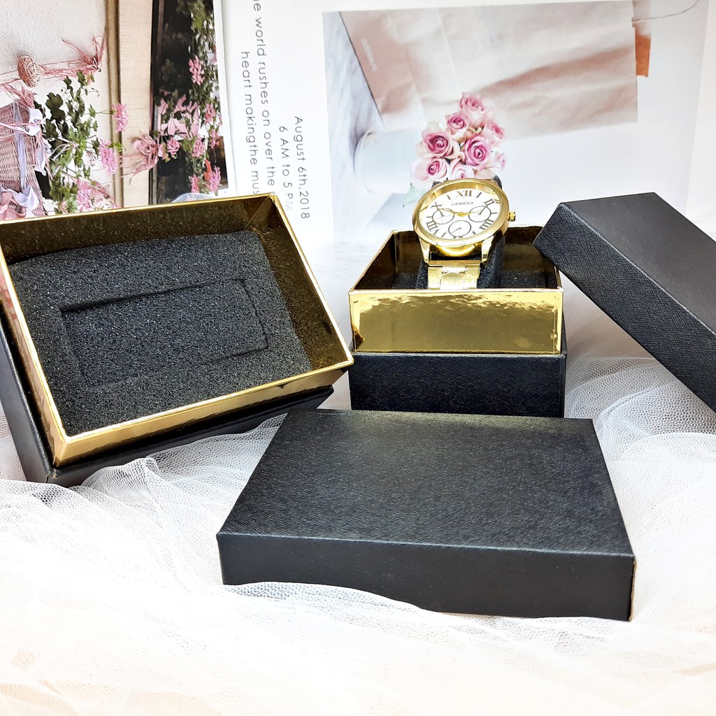 Box Kotak Jam Tangan Mewah Aksen Gold Hitam  - BX007