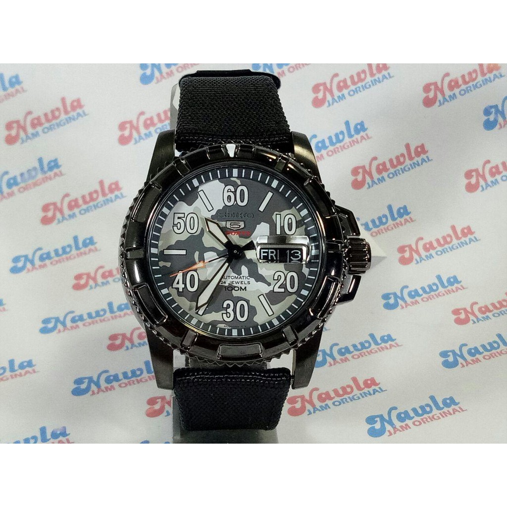 Seiko 5 Sports SRP225K2 Army Black Nylon - Jam Tangan Pria SRP225