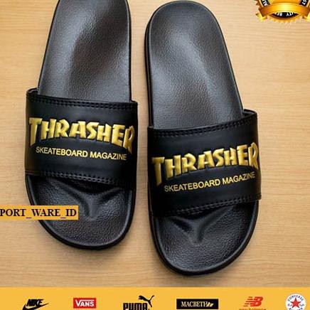 Produk Terbaik Sandal Slop Pria Wanita Thrasher Skate X Nike-Karet-Hitam Gold, kl0...