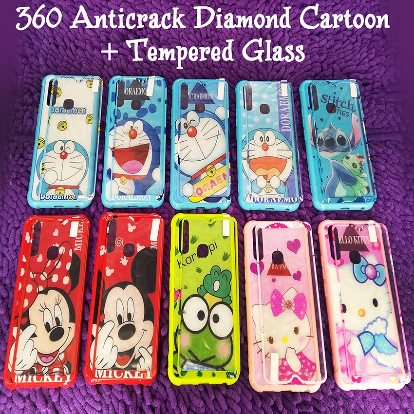 Case 360 Anticrack Diamond Cartoon New + Tempered Glass for Oppo/Vivo/Xiaomi/Samsung