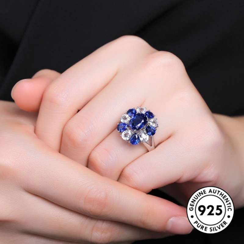 Cincin Sterling Silver 925 Model Terbuka Dengan Batu Sapphire Mewah Untuk Wanita