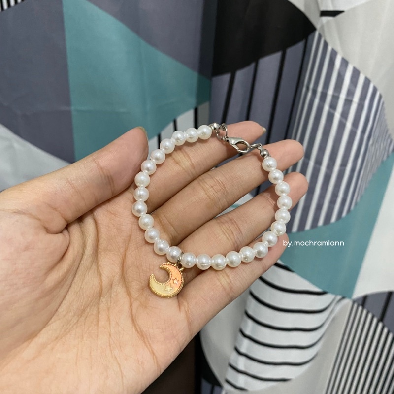 gelang mutiara liontin bulan pink / pearl bracelet / gelang mutiara vintage