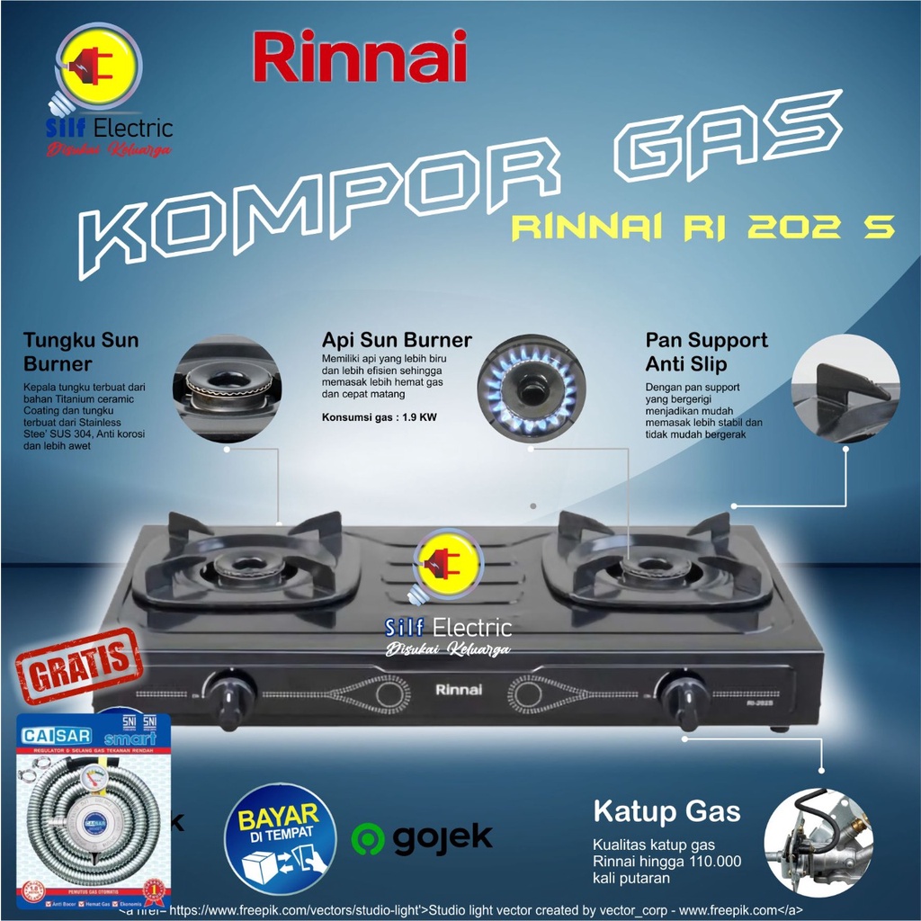 Kompor Gas Rinnai 2 Tungku RI 202 S / Kompor Rinnai 2 Tungku/Kompor Murah Promo 1 Set Plus Selang Regulator