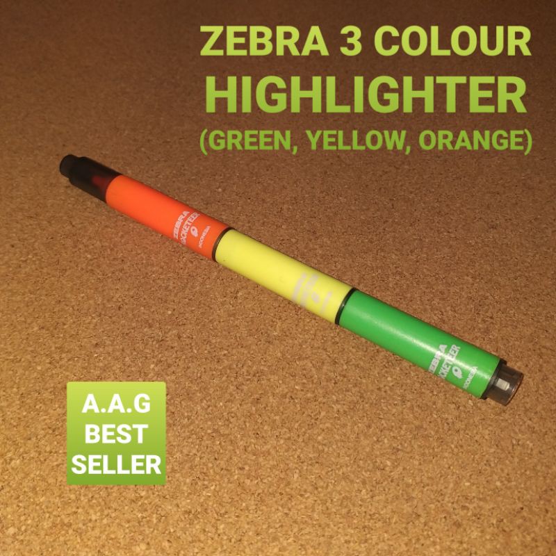 

ZEBRA 3 COLOUR HIGHLIGHTER (GREEN, YELLOW, ORANGE)
