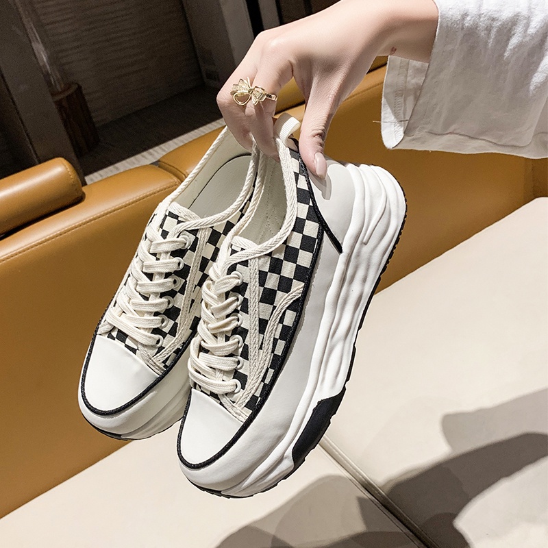 Sepatu Kets Sneakers Putih Wanita Perempuan Cewek Sekolah Korea Kasual Sepatu Olahraga Kanvas Checkerboard Sol Karet Tali Import Murah Casual Fashion White Beige Sport Shoes - Ukuran 35 36 37 38 39 40-8