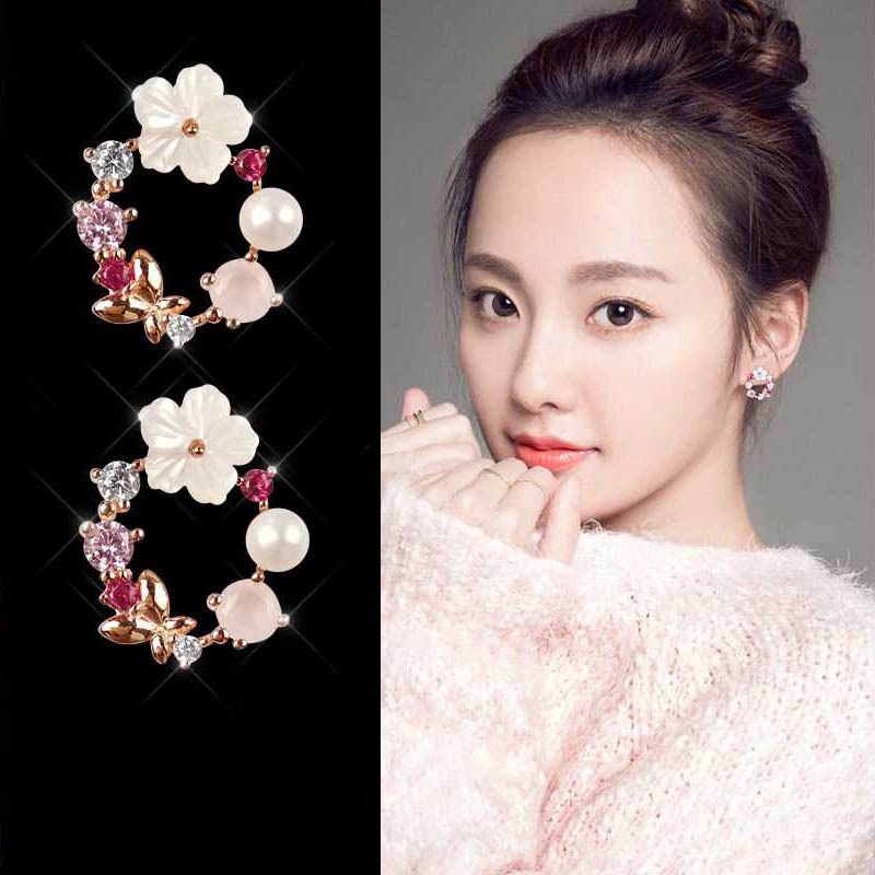 Anting Stud Desain Karangan Bunga Bahan 925 Silver Gaya Korea Untuk Perempuan