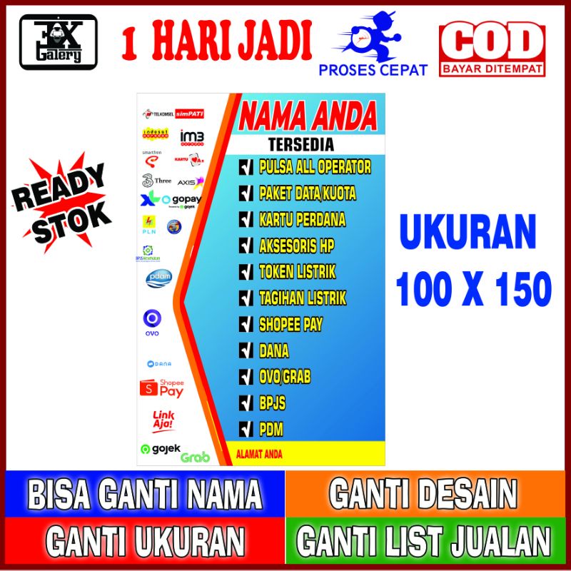 (TERMURAH) SPANDUK BANNER KONTER TERMURAH PAKET HEMAT. Ukuran 100 X 150, bisa ganti nama, tulisan dl