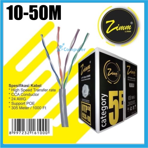 KABEL LAN ZIMLINK SIAP PAKAI 10M 15M 20M 25M 30M 35M 40M 45M 50M CAT 5e / KABEL UTP 10-50M METER HIGH QUALITY FREE RJ-45 DAN PLUGBOOT