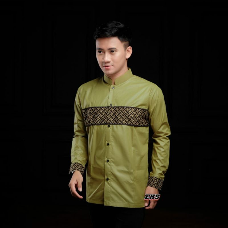 BAJU KOKO MUSLIM PRIA BORDIR BORDIL LENGAN PANJANG LEBARAN IED WARNA HIJAU TOSCA ARMY HIJAU NEON