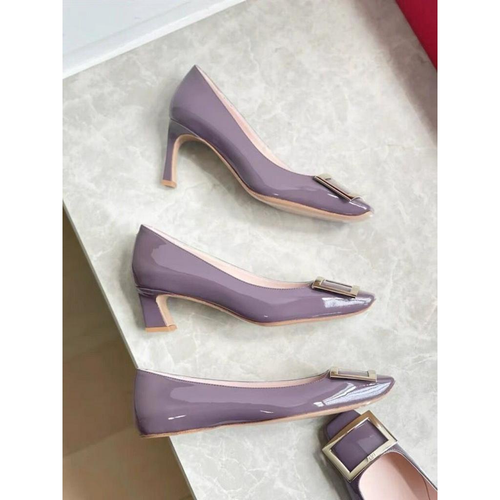 Sepatu heels wanita Jindian Network Red Square Button Thick Heel French High Heel Shoes for Women Ne