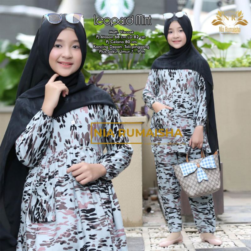 Setelan Anak #1 Motif Polsa / Falfa / Mia Rainbow / Gaida / Granada / Grenty / Shafa / Nagita / Metta / JK / Leopard / Khaula / Joela / Jihan / Jannah / Rasya / Rose / Jofa / Rinaya / Jannati / Ulfa / Moza Original Nia Rumaisha-Leopard Mint