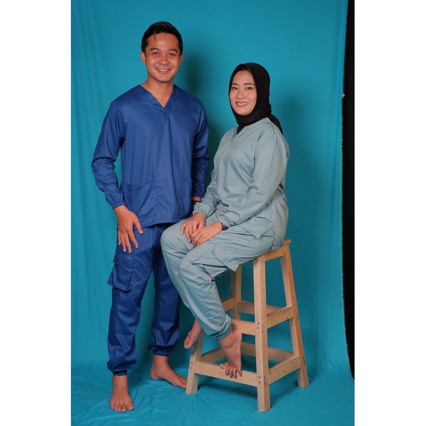 Baju Ok Oka Jogger Cargo | Baju Jaga Dokter Scrub Medis Perawat Lengan Panjang Karet | Bahan Toyobo