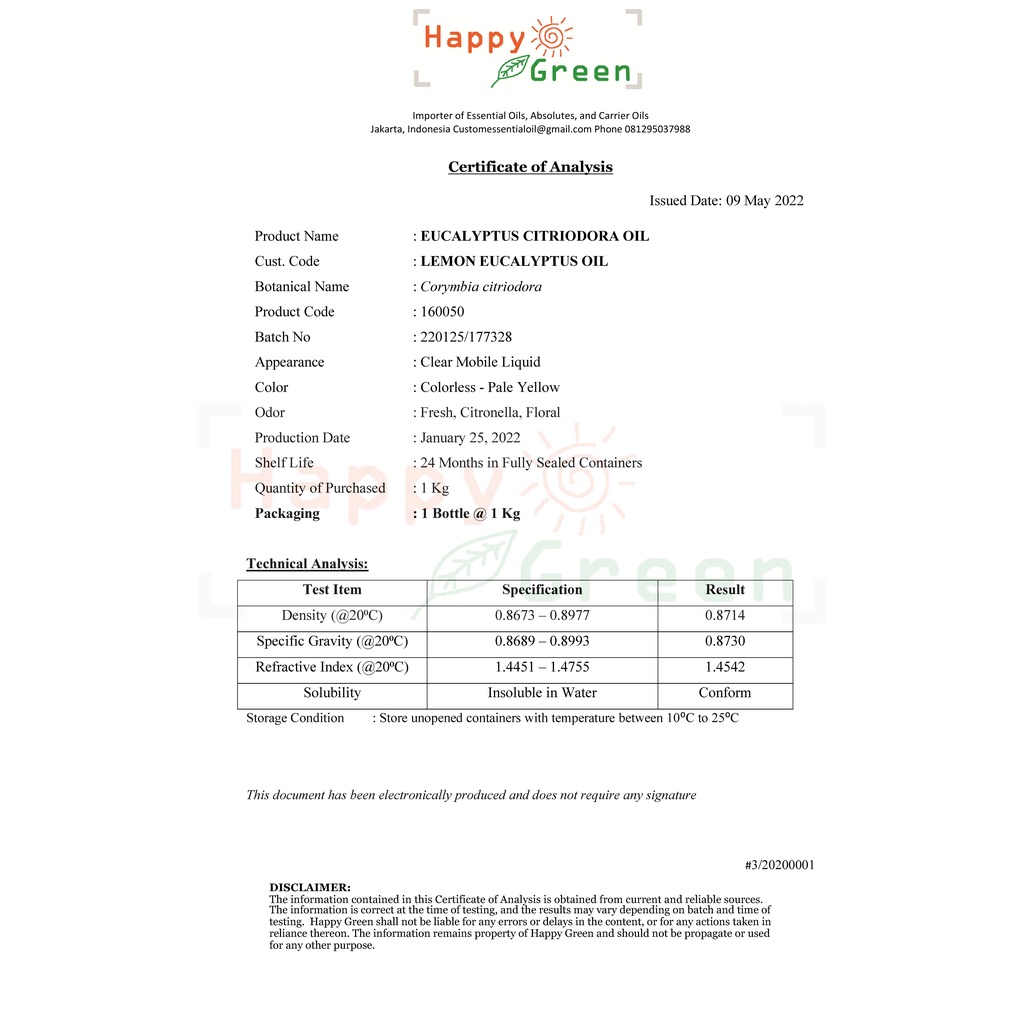 BPOM approved Happy Green Eucalyptus Lemon Essential Oil - Eucalyptus Citriodora 100% Murni Natural