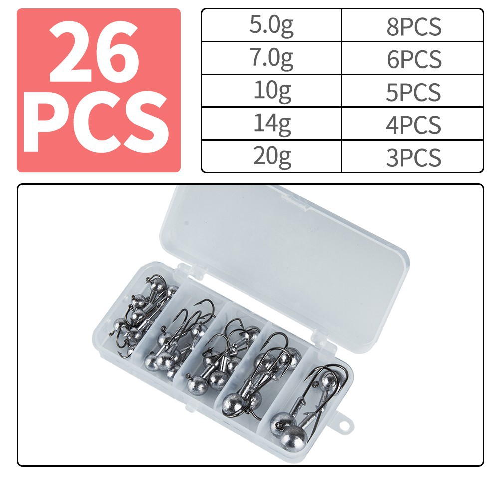 100Pcs/Set 1g-20g Lead Jig Head Carbon Steel Fishhook For Soft Lure Barbed Fishing Hooks With Box