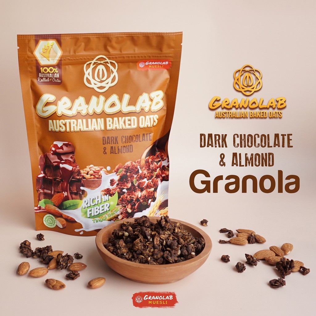 Granolab Dark Chocolate Almond 210 gram Granola Snack Diet Sehat Tinggi Serat &amp; Protein