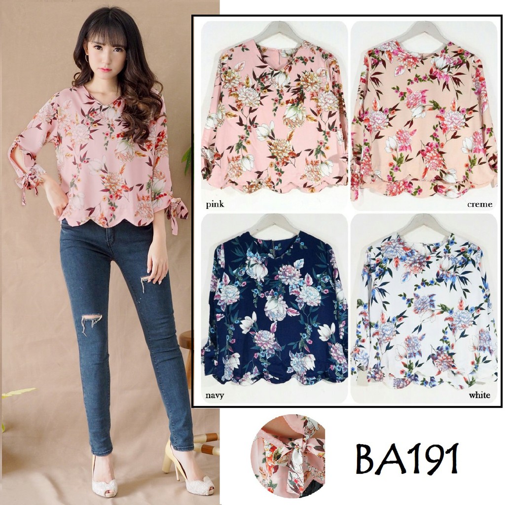  Baju  atasan blouse motif bunga flower  top kerja kantor 